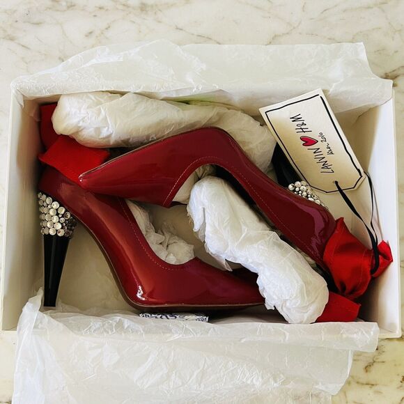 2010 LANVIN x H&M Red Patent Leather Ribbon Rhinestone Heel Pumps - EUR 37 /US 6 - Picture 9 of 11